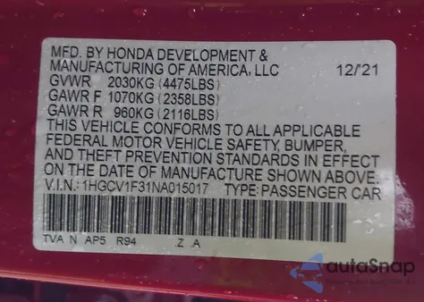 2022 Honda Accord Sport from USA, damaged, VIN 1HGCV1F31NA015017